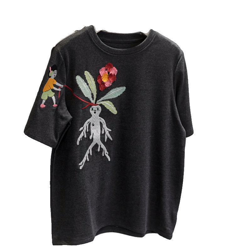 Stylish Spring Embroidered Short-Sleeve Women's Loose Slimming Round Neck T-Shirt