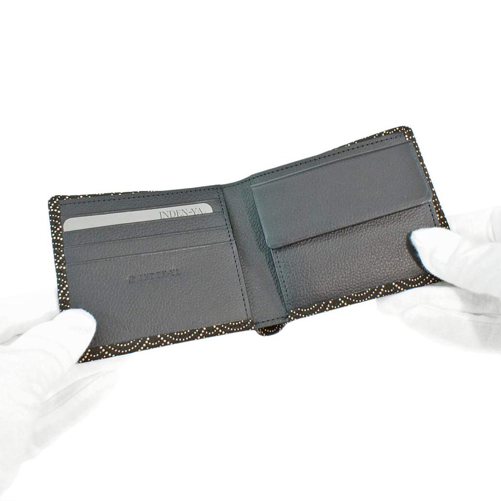 [Inden-ya] Inden Bifold Wallet with Bill Compartment and Coin Purse, Deerskin Leather, Black with White Lacquer, Seigaiha Pattern, 2006-11-004