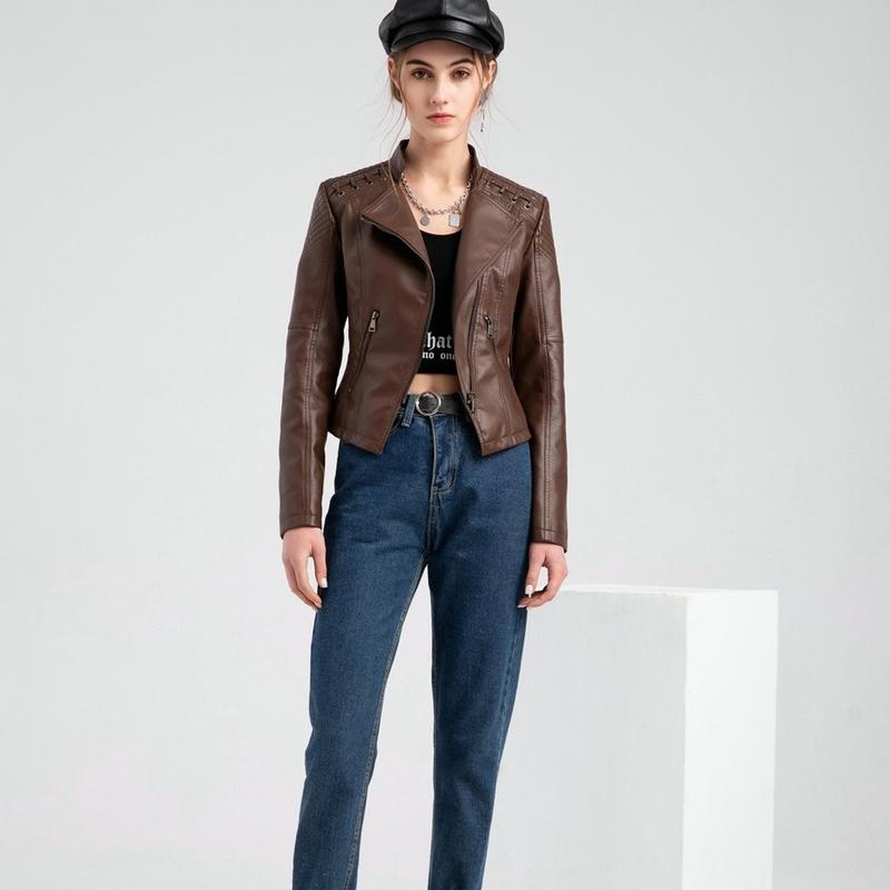 Women Faux Leather Biker Jacket Ladies Stand Collar Zip Coat Outwear