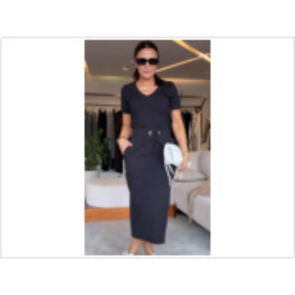 Women s V‑Neck Short Sleeve Drawstring Waist Solid Color Everyday Casual Midi Dress S