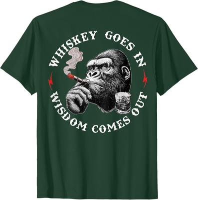 Whiskey Goes In Wisdom Comes Out Tee Funny Monkey ON BACK Unisex T-Shirt