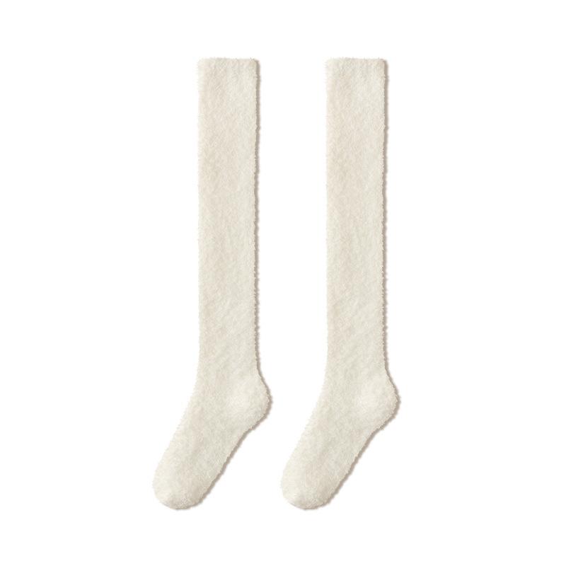 Winter Warme Korallenfleece Over-Knie Hohe Socken Für Damen Plüsch Haus Schlaf Boden Lange Socke Atmungsaktiv Warmweich Samt Mädchen Socke One Size white