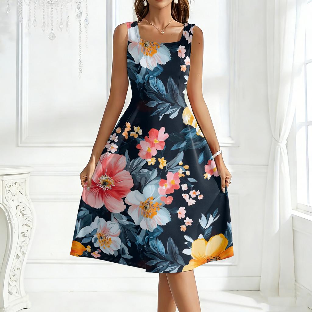 Ladies' square neck floral sleeveless dress with a large swing