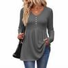 Women's Casual Fashion V-Neck Button Solid Color Long Sleeve Top