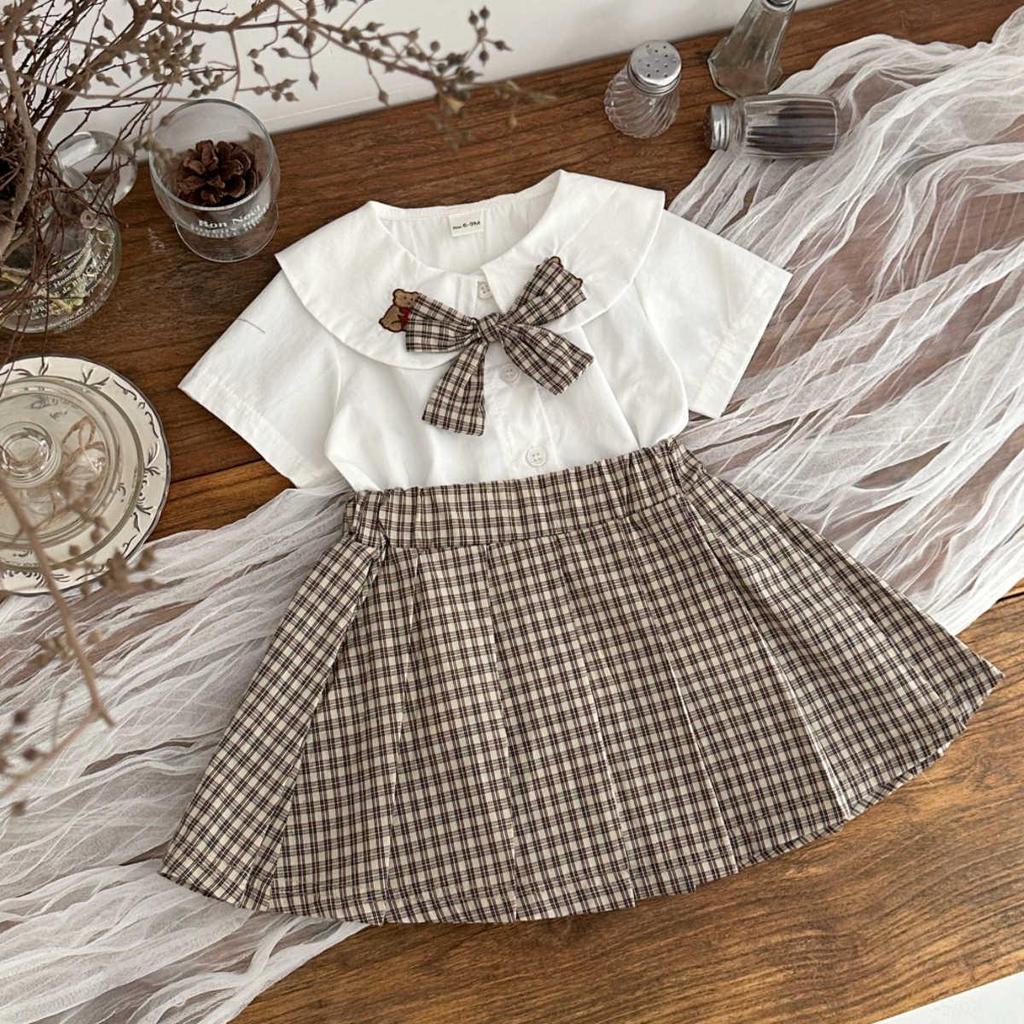 Children's 2026 Summer Plaid Pleated Skirt Set - Girls Two-Piece Outfit