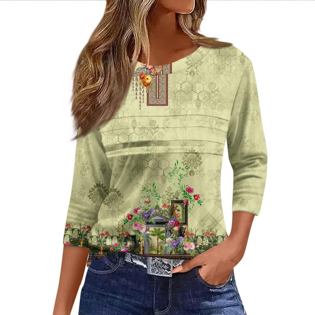 Loose Casual 34 Womens Fashion Sleeve Striped Printed Round Neck Top