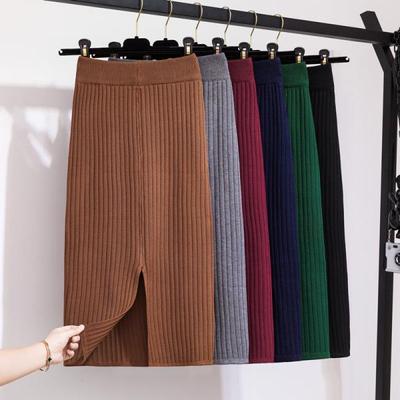 Autumn and Winter Korean Version Slim Fit Versatile Mid Length Knitted Yarn Back Slit Skirt
