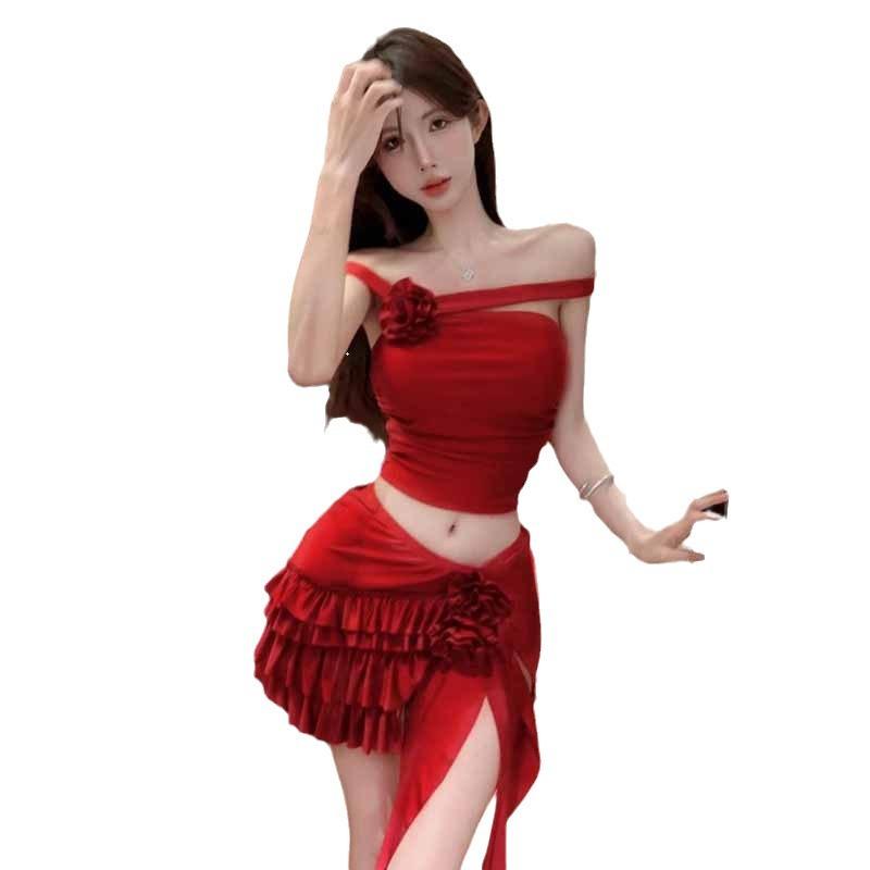 Fashion women's clothing Spice Girl slim top + flower ruffle skirt set