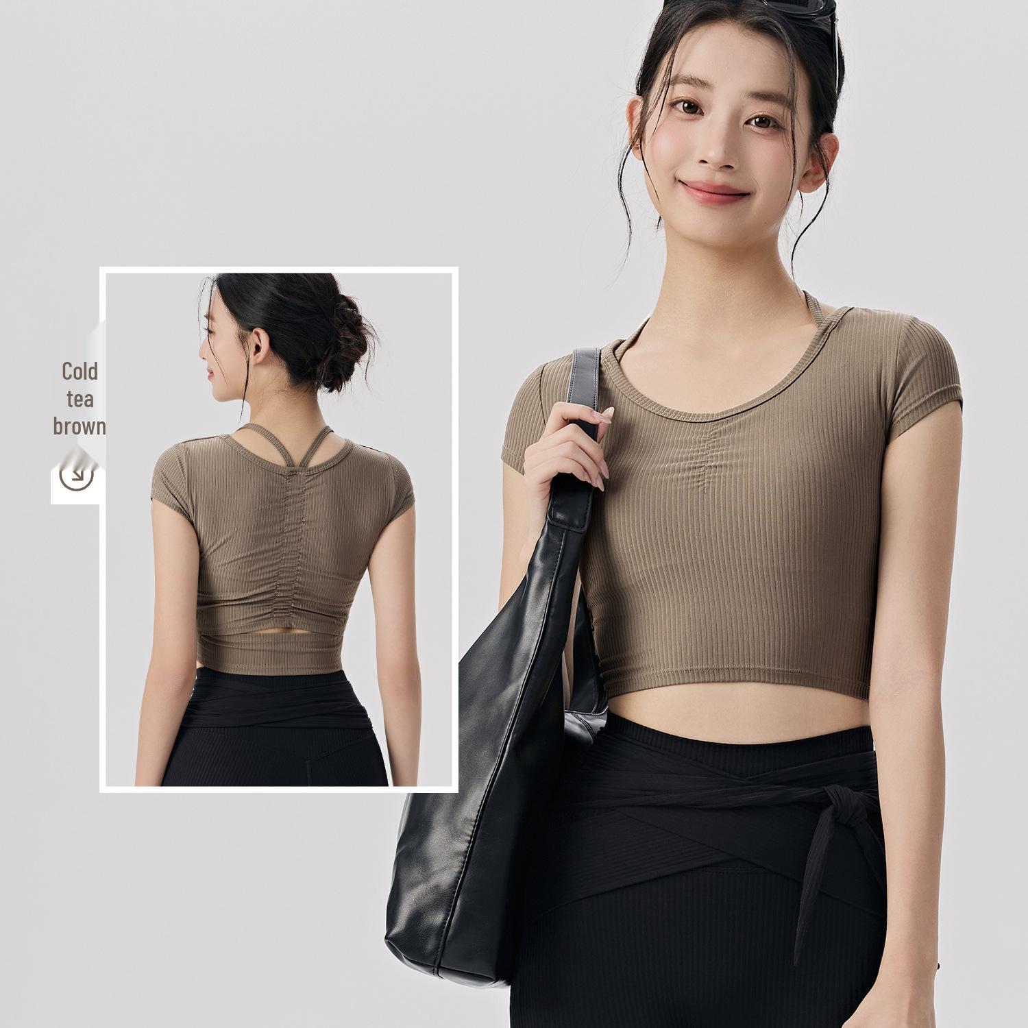 

Ruffled Hollow-Back Yoga Tee with Built-In Bra Pads - Slim Fit, Breathable, Short-Sleeve Fitness Top S