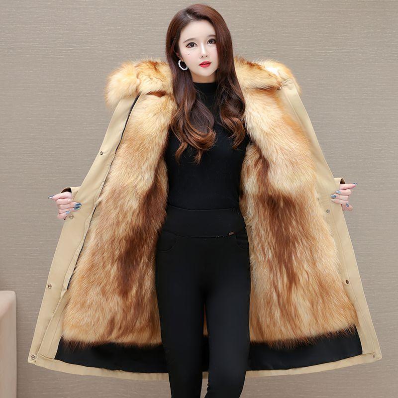 Haining Fashion Temperament Women Winter Coat Faux Fur Lined Detachable Hood Thick Warm Parka Jacket for Mother Coat
