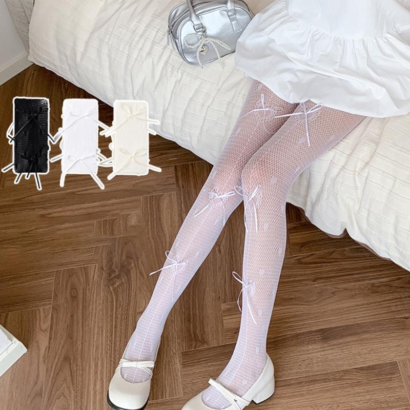 Women's Fishnet Stockings with Bowtie Girls Fish Net Tights with Designs High Waist Pantyhose Thigh High Stockings