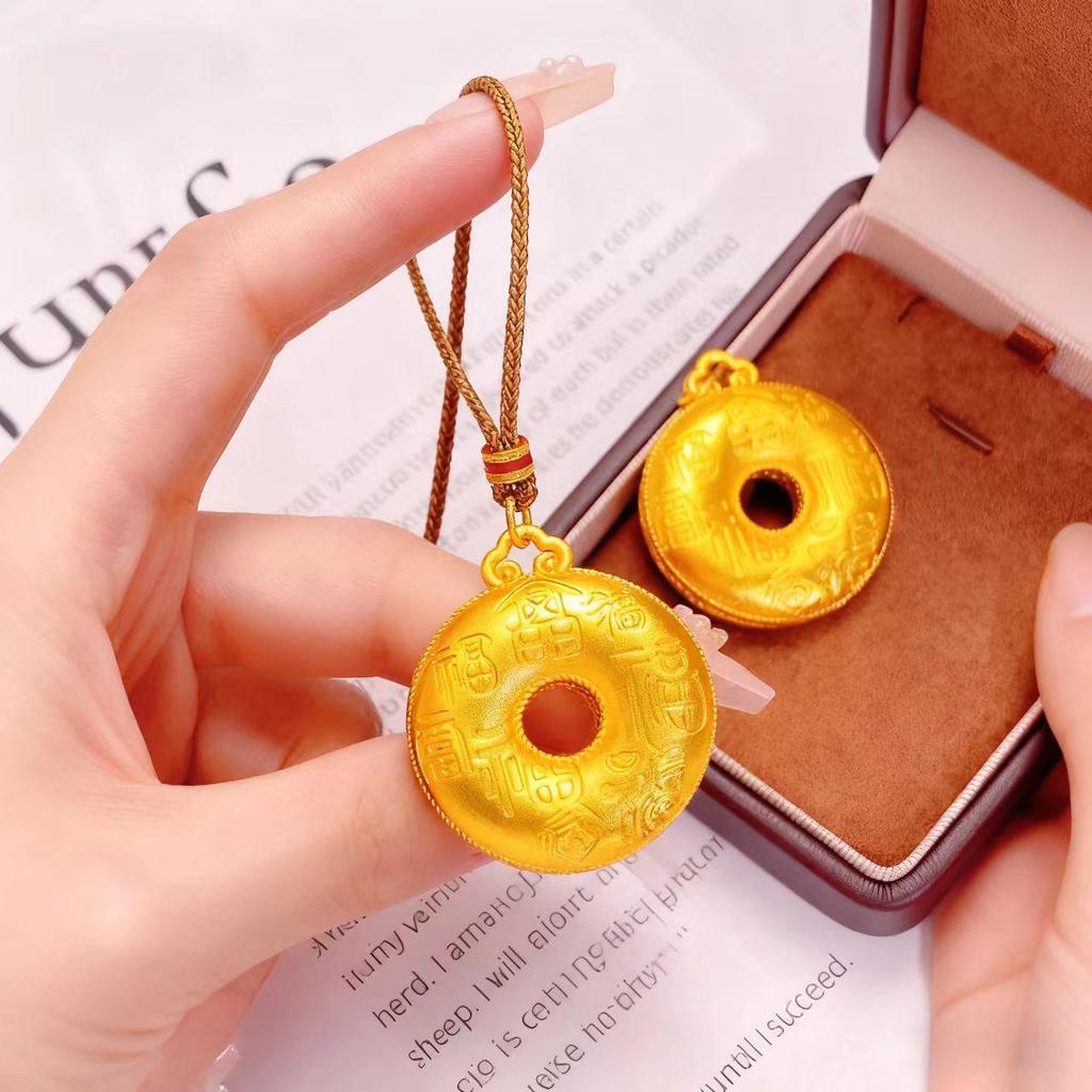 Vietnamese Ethnic Sand Gold Peony Pendant with Braided Rope Necklace