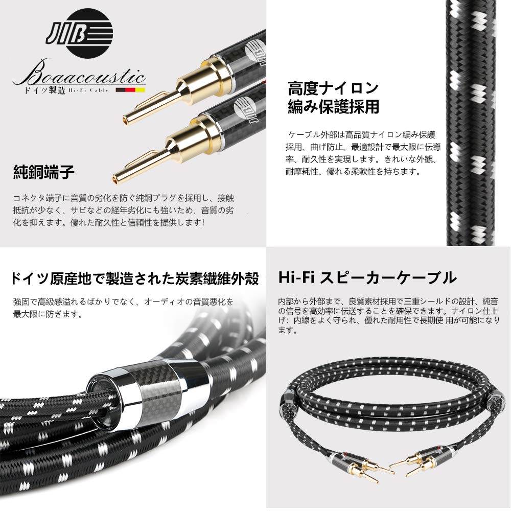 JIB Hi-Fi Speaker Cable for Amplifiers, Subwoofers, and More [Pure Copper Needle-Type Banana Plugs/Y-Lug Plugs] / Length: 2m / OD: 12.8mm x 2
