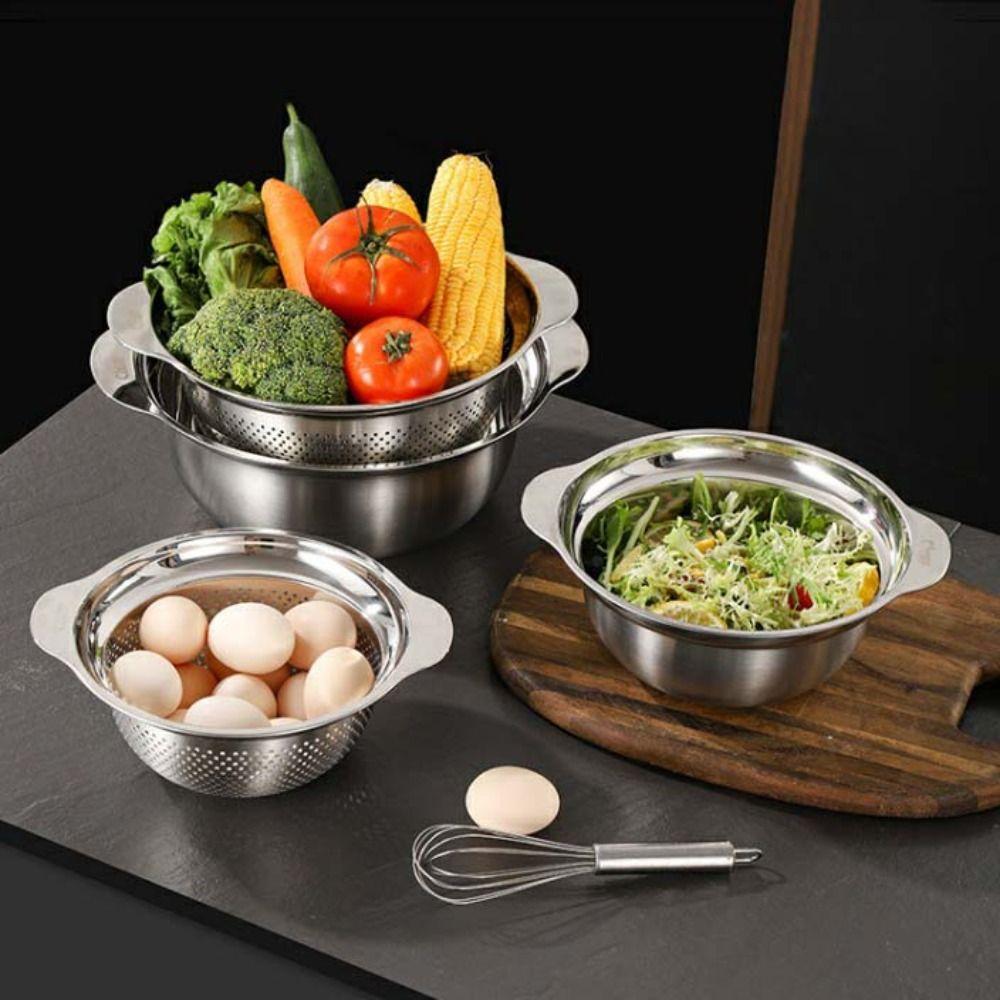 

2Pcs/Set with Scale Stainless Steel Drain Basket Extended Handle Salad Mixing Bowls Fruit S