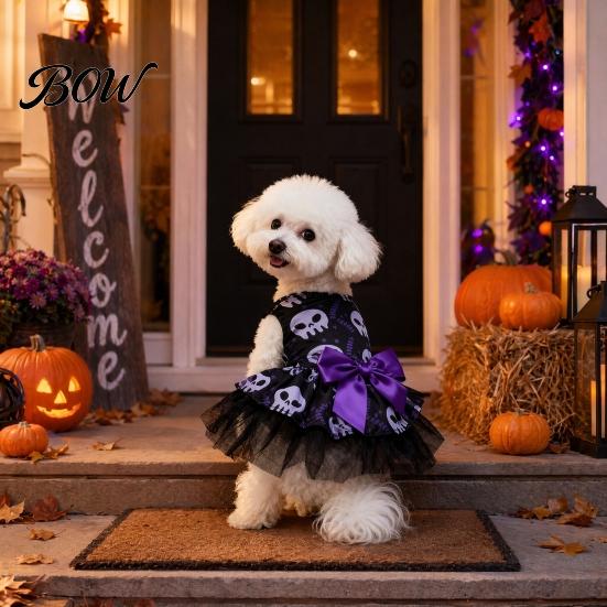 Puppy Dress Halloween Dog Tulle with Bow, Skull Print Pet Outfit, Girl Party Costume for Small Dogs Cats Comfortable Clothing