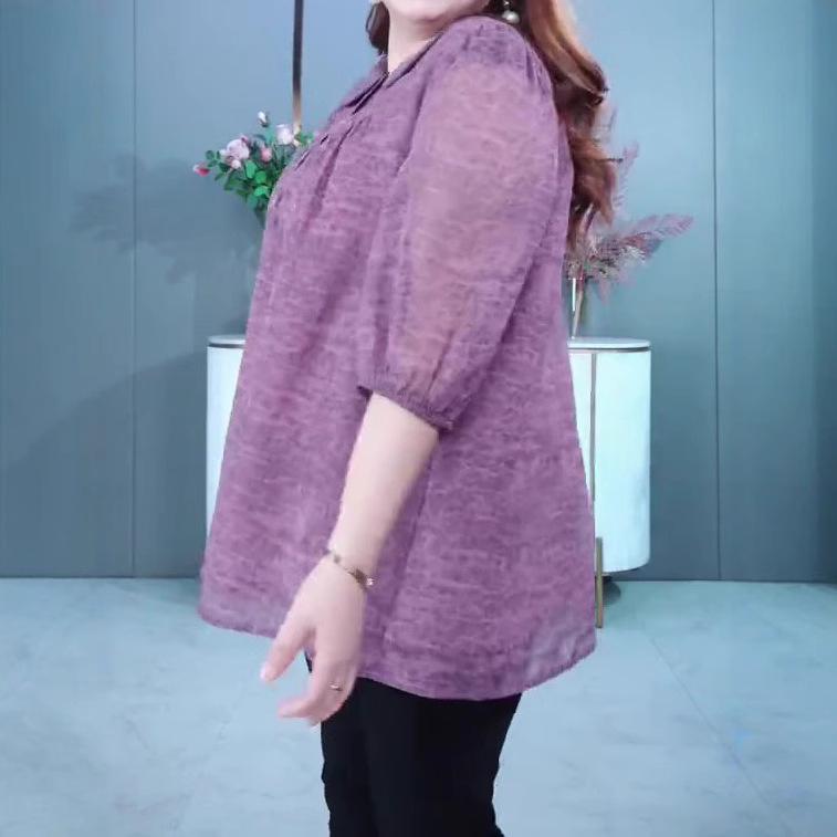 Summer 2025 Plus Size Chiffon Polo Shirt for Middle-Aged Women - Loose, Fashionable, and Breathable.