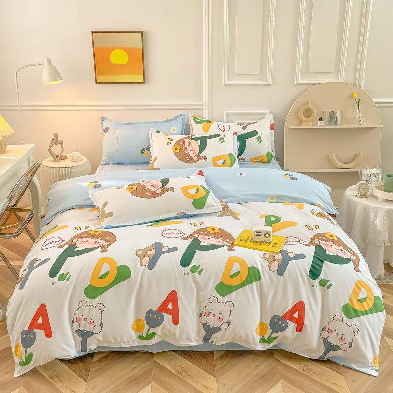 Čtyřdílná sada povlečení z prané bavlny, povlak na přikrývku, povlak na prostěradlo, jednoduchá sada v severském stylu