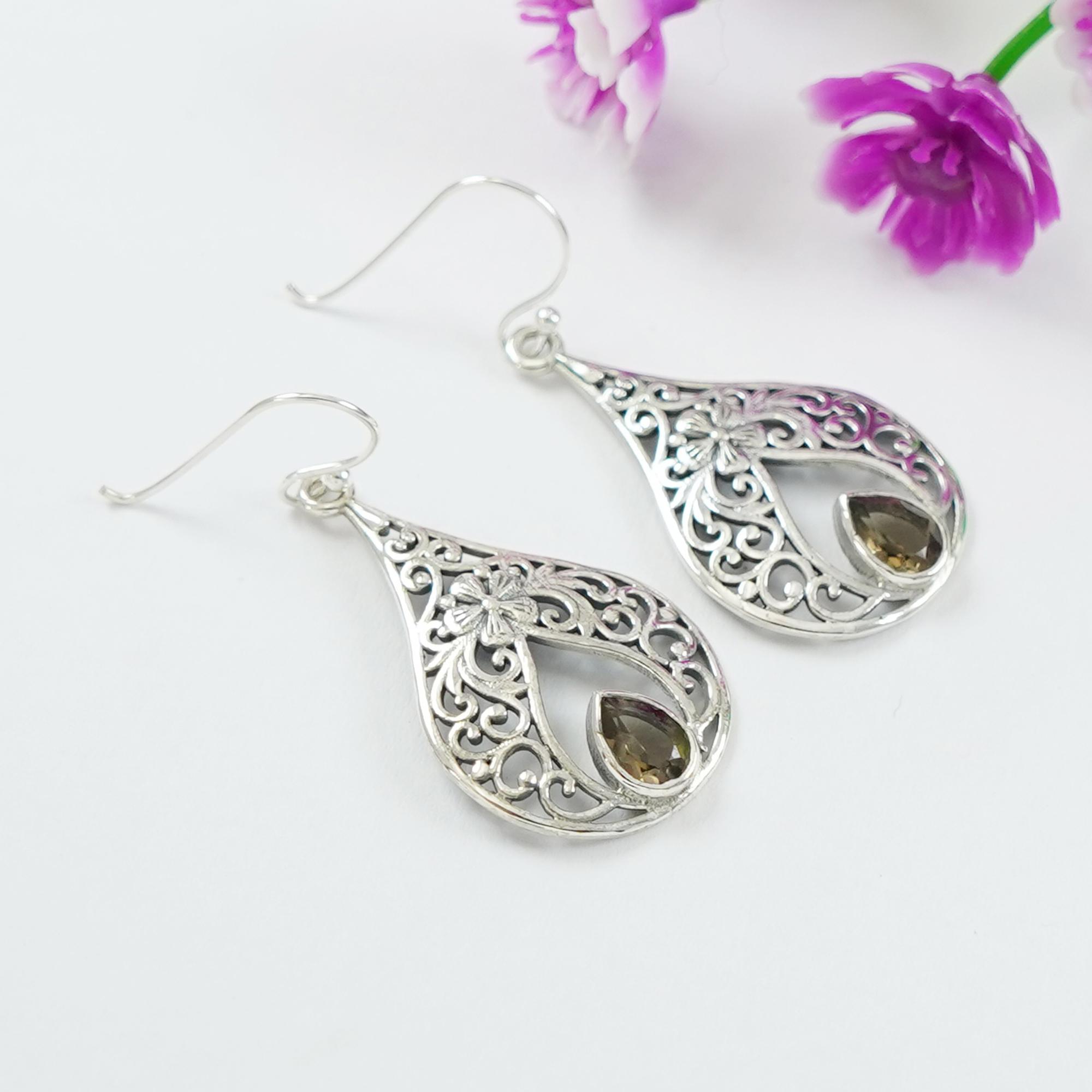 

Natural Smoky Topaz 925 Sterling Silver Earrings, Teardrop Topaz Earrings, Gift for Girls, Capricorn Birthstone Earrings