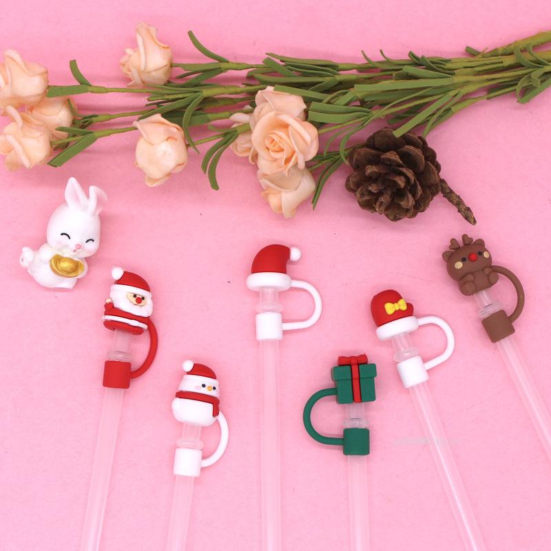 1pc Christmas Straw Cover Caps Silicone Straw Tips Protectors for 10mm 8mm Drinking Straws Reusable Cute Straw Toppers Cup Cover