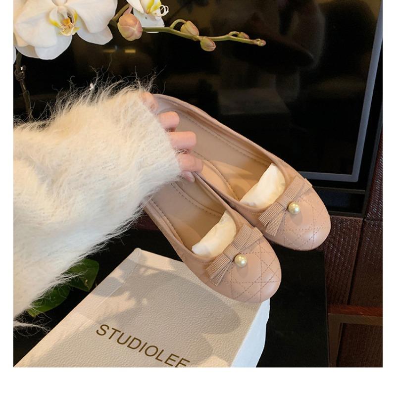 All Cowhide~ Beautiful Pearl Bow Genuine Leather Mary Jane Single Shoes Women's Super Soft-soled Evening Shoes Ballet Flats