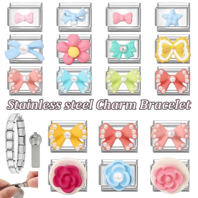 Fashion Colorful Bow Series Charm Bracelet Rose Flower Heart Cherry Y2K Bead Fit 9mm Bracelet Stainless Steel DIY Jewelry Gift