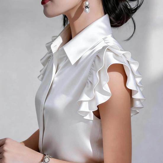 Women Shirt Lapel Ruffle Short Sleeve Single Breasted Shirt Tops Pure Color Smooth Satin