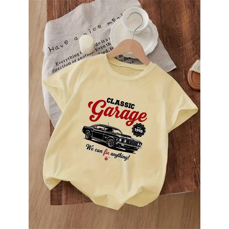 Kids Crewneck Short Sleeve Tee, Classic Garage Car Print Breathable Casual Spring Summer Top, Perfect Gift for Boys