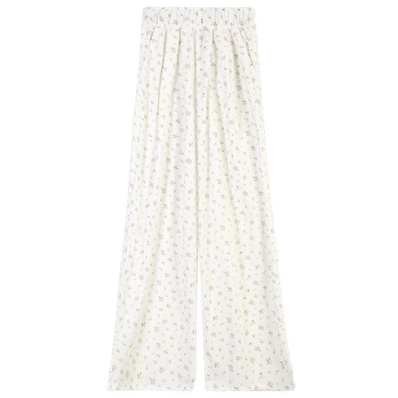 Women's White Ice Silk Floral Wide-Leg Pants - Yamamoto 2025 Collection for Spring, Summer, and Autumn - Casual, Petite, Textured Design