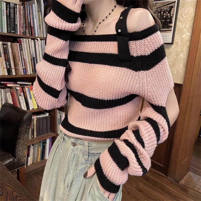2024 Autumn Striped Knitted Top - Women's Sexy Off-Shoulder Short Sweater