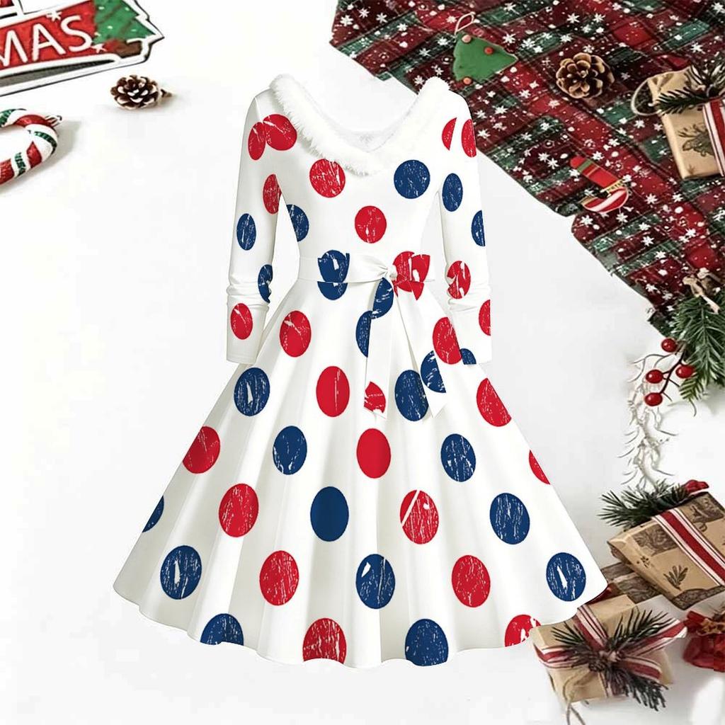 Women Geometric Pattern Print Midi Dress, Long Sleeve V‑Neck Furry Trim A‑Line Party Dress, Christmas Limited Edition