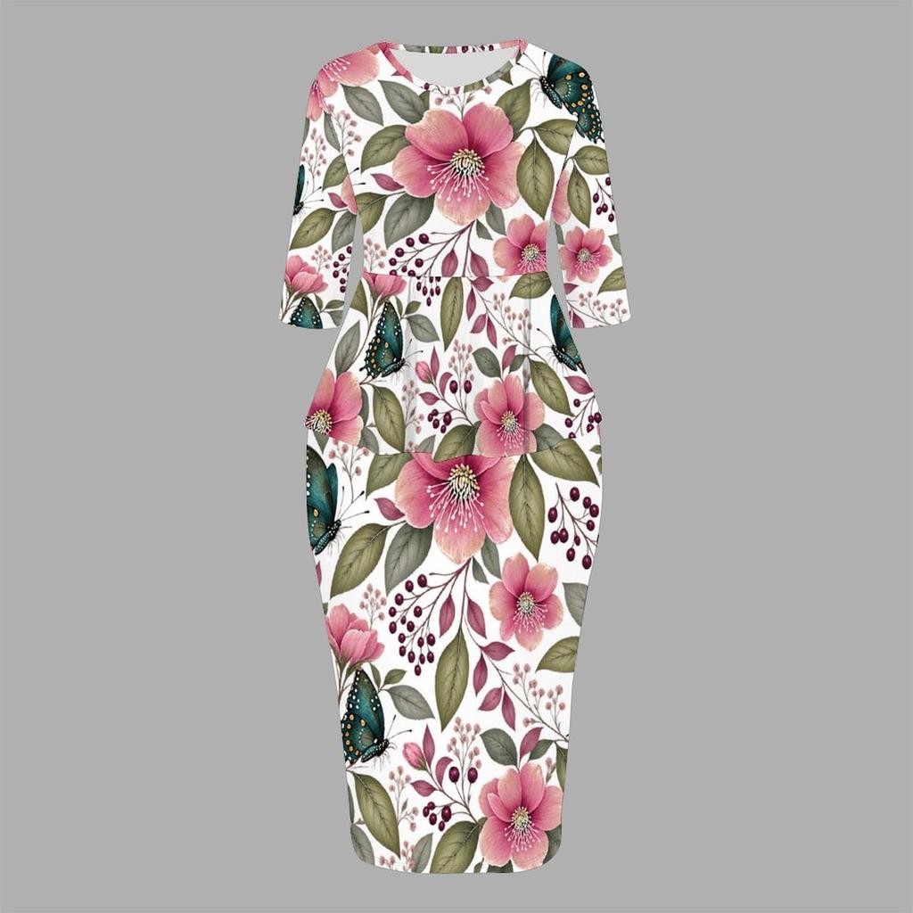 Women Plus Size Round Neck Three Quarter Sleeve Butterfly Printed Peplum Top And Fitted Skirt Two Piece Set
