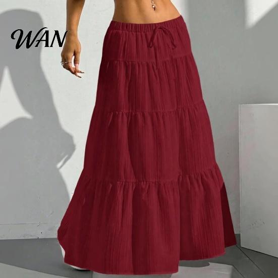 Elastic Waistband Skirt Women Long Spring Summer Middle Waist A Line Flowy Swing Occasion Breathable Solid Color Drawstring Pleated Casual Elegant