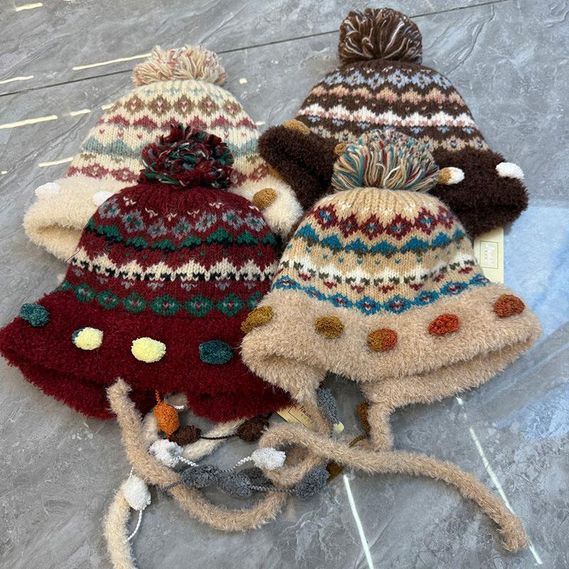 Fair Island Vintage Knitted Hat Women's Autumn and Winter Lei Feng Hat Cold-proof and Warm Ear Protector Hat Play Snow Atmosphere Wool Hat