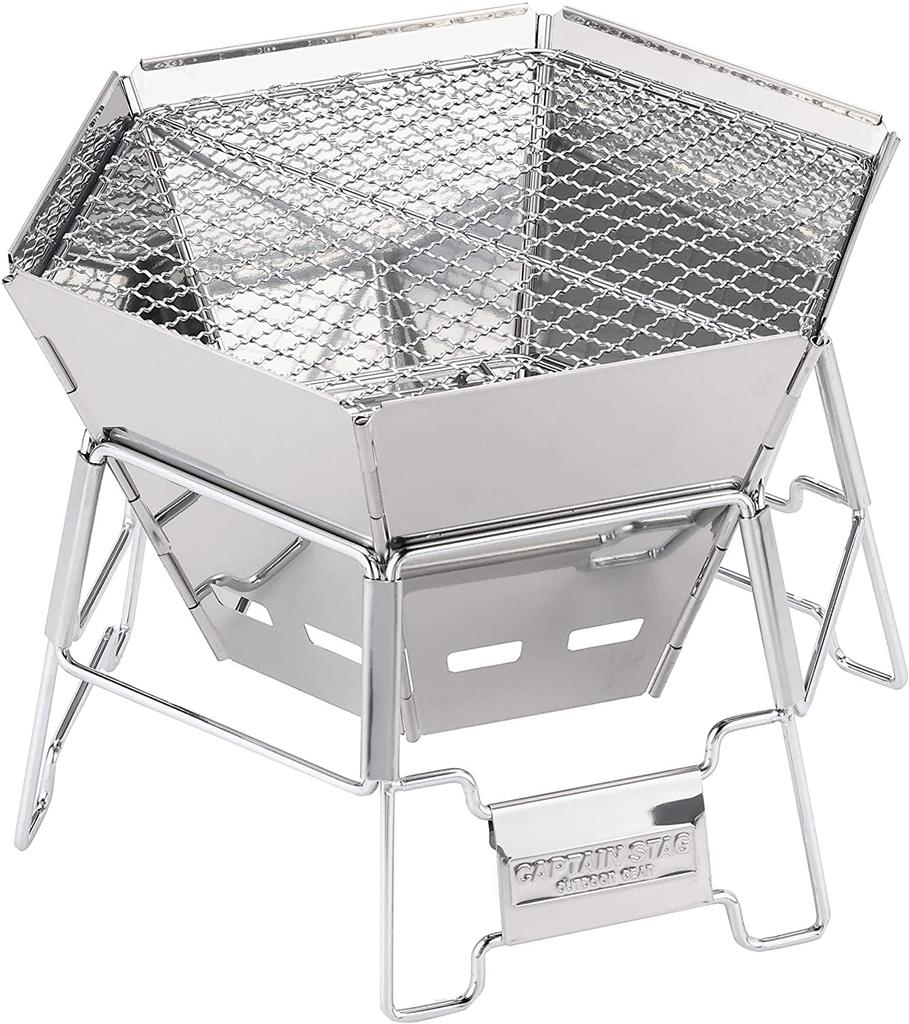 CAPTAIN STAG Bonfire Stand Barbecue Stove Grill 2-in-1 Hexa Stainless Steel Fire Grill M Size Stainless Steel Storage Bag Included UY-7020 Silver