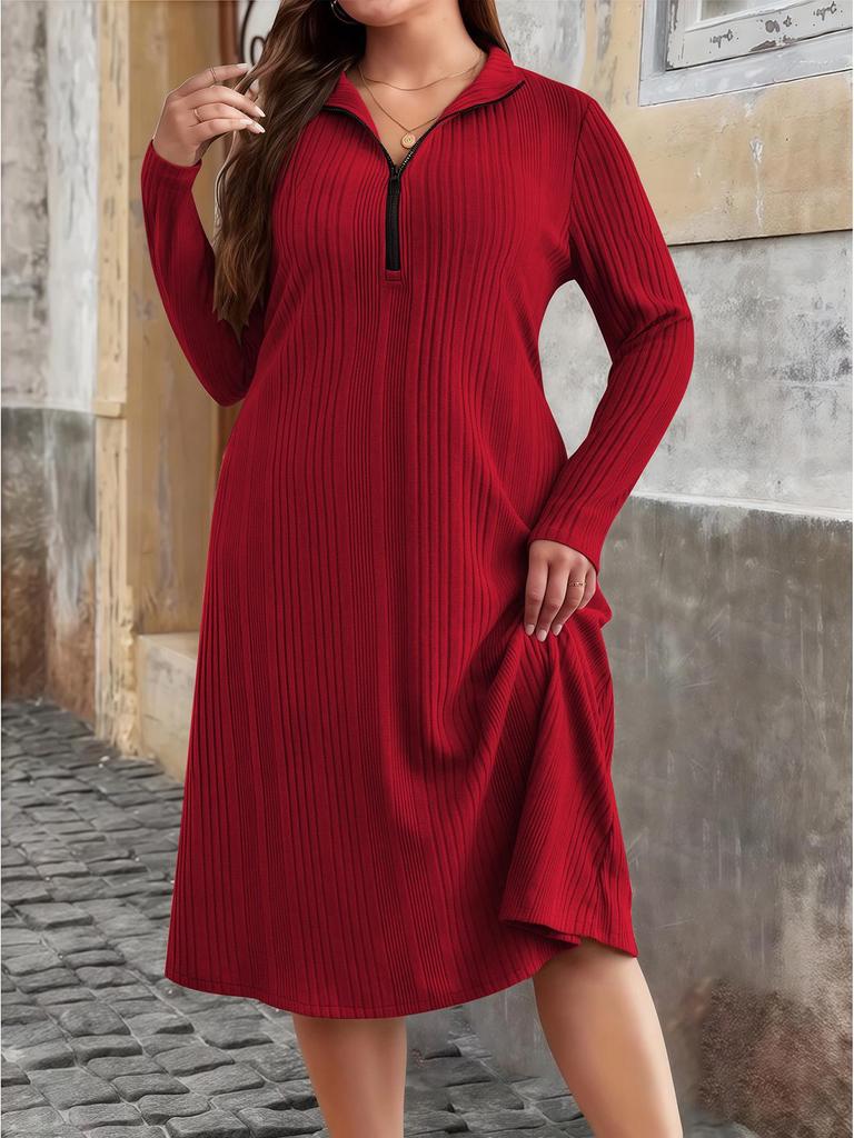 2025 Autumn/Winter European Plus Size Women's Round Neck Zippered Striped Dress