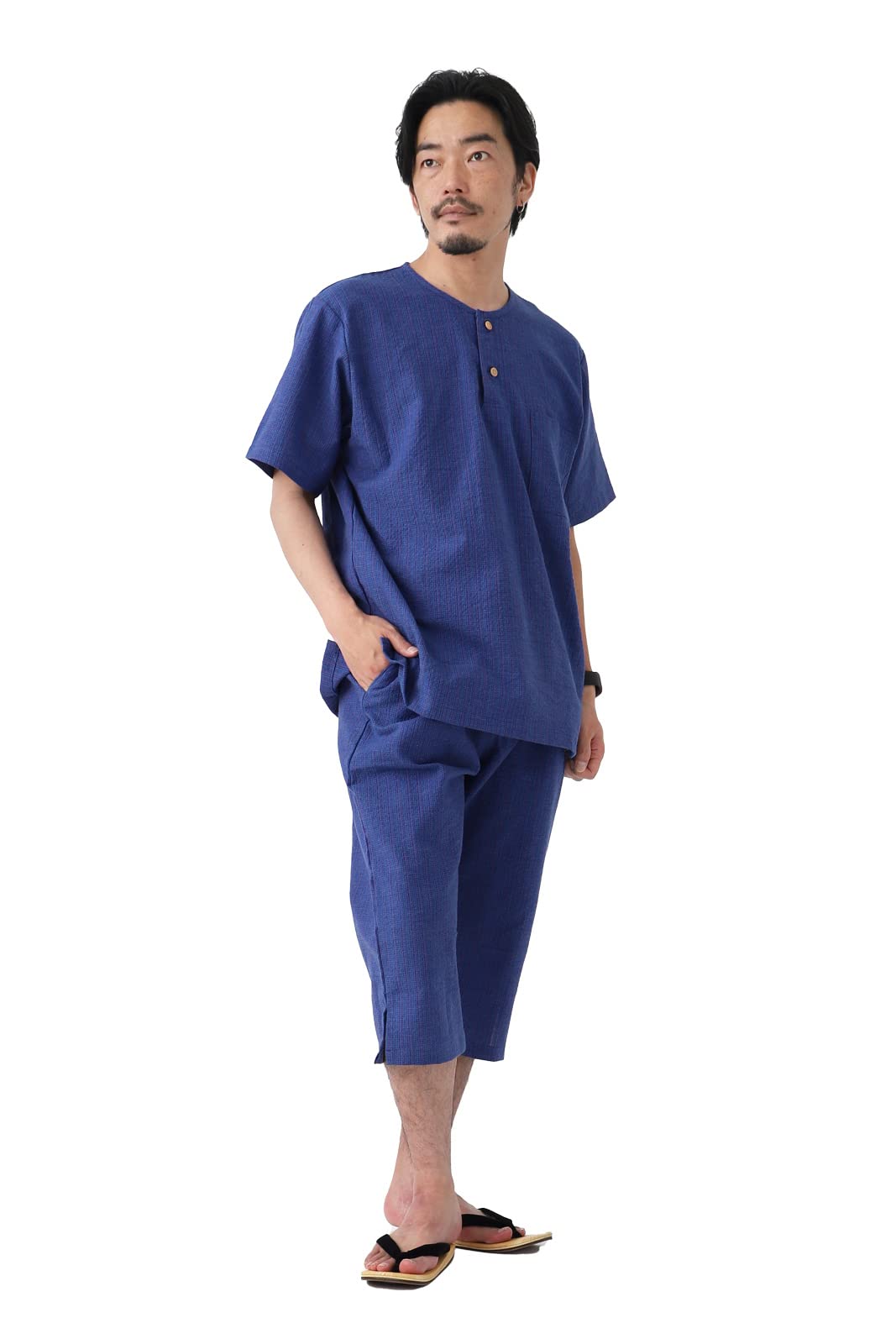 

Джинбей Хенли нек Джинбей Сделано в Японии Большой размер Плетение Шиджира Мужской Куруме Пуговица Рокка L Синий [ROCCA] Мужской синий