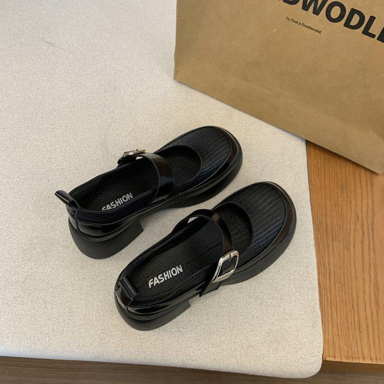 

Mary Jane shoes British style black small leather shoes thick heel shallow mouth with single shoes round head platform loafers women s shoes 35 чёрный