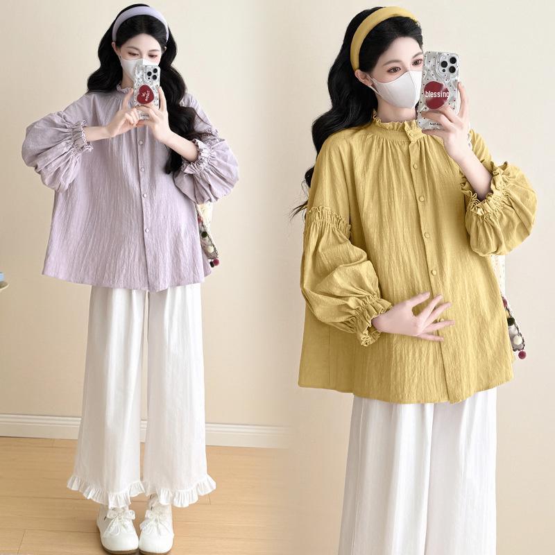 Spring 2026 Maternity Set: Ruffled Collar Cotton-Linen Shirt & Pants M