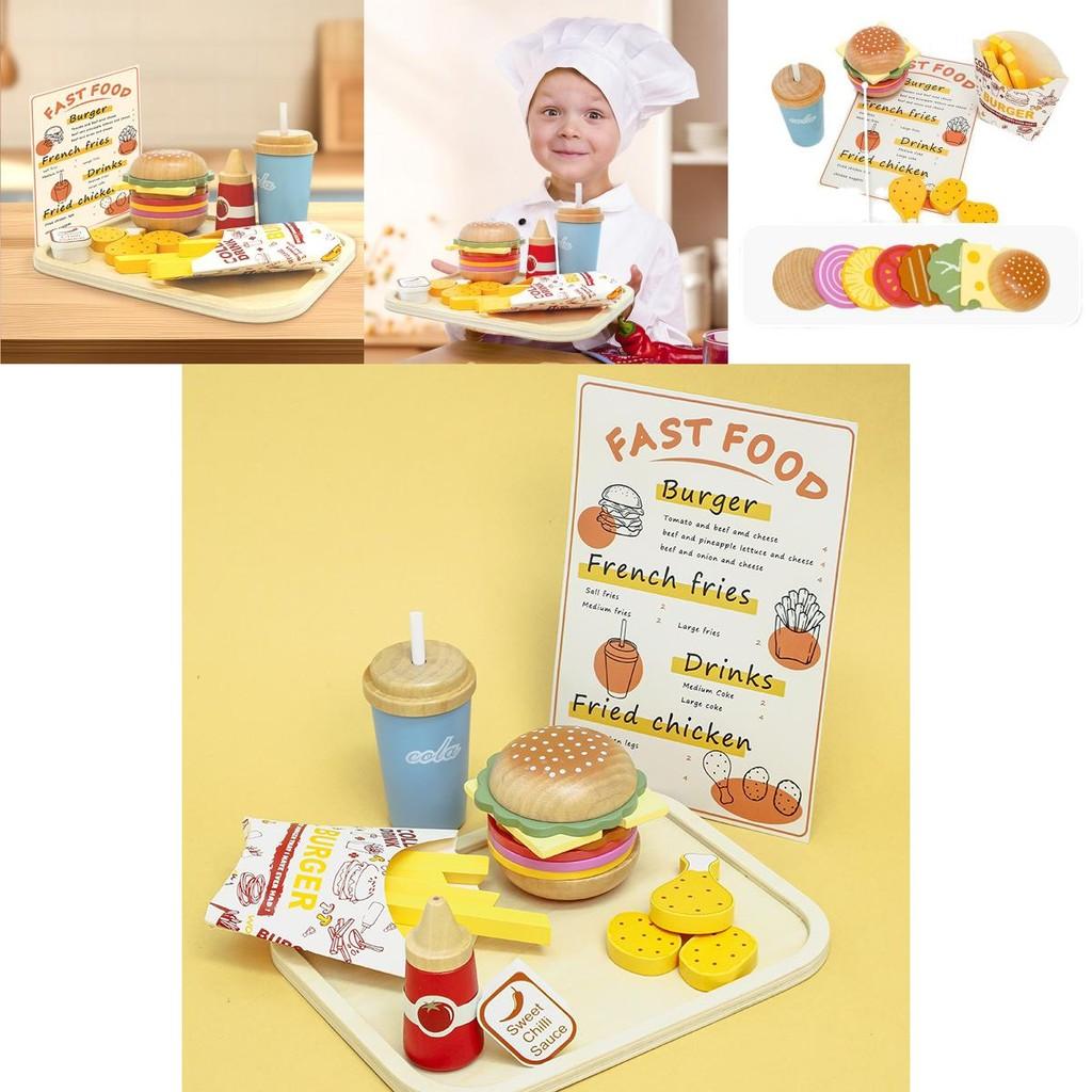 Fun Wooden Simulation Burger French Fries Beverage Kid Toy Set For Kids Learning And Imagination