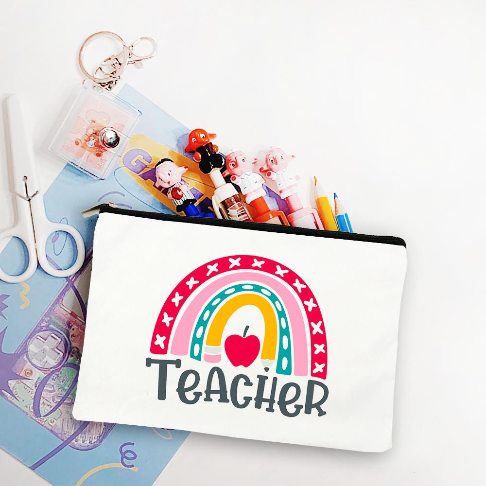 Blessed Teacher Life Leopard Makeup Bags Student White Pencil Pouch Teacher Shopping Handbag Storage Bag Teachers' Day Best Gift