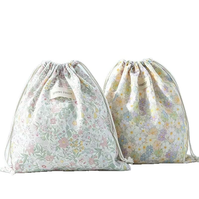 Pastoral Floral Print Large-Capacity Drawstring Fabric Travel Bag with Pockets
