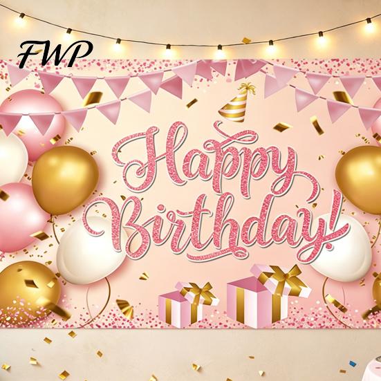 Birthday Party Decoration Happy Banner Backdrop, Photo Background Cloth for Celebration, Reusable Bunting Flag Decor Kids Women, Supplies Double-sided