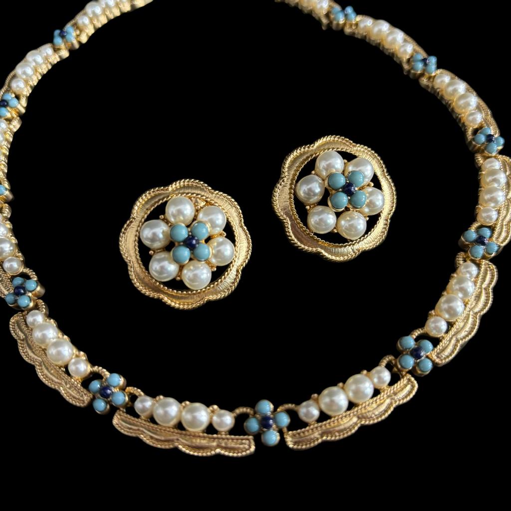 Fashion Light Luxury Design Turquoise Leaf Stud Earrings Set, Old Craftsmanship Elegant Necklace Stud Earrings Set