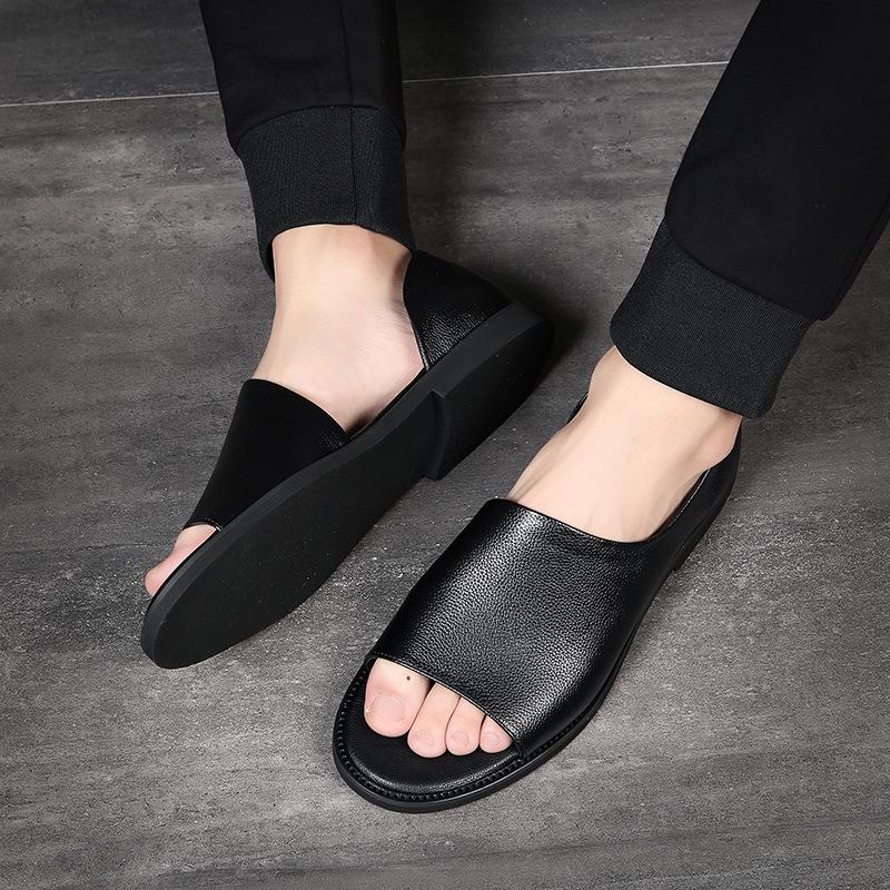 FashionMen's Sandals Summer New Designer Cow Leather Beach Shoes Male Fashion Casual Black Roman Style Sandal Shoes Man