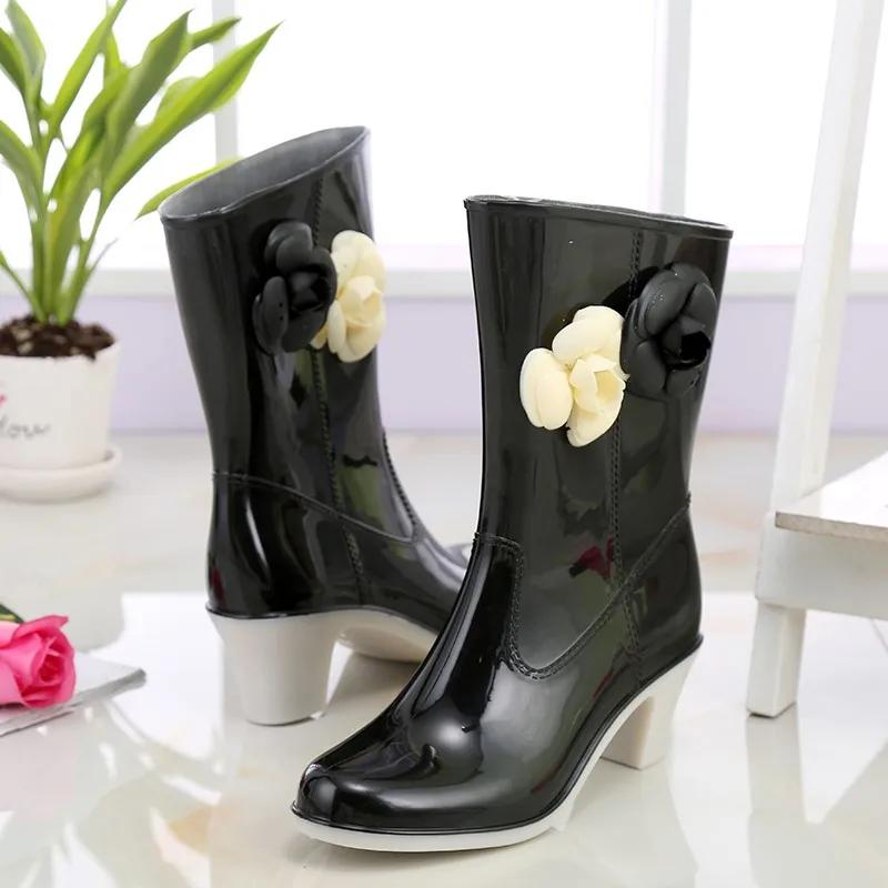 Fashion Ladies Shoes 2025 Mid-Calf Women's Boots Outdoor Rainboots Women Round Toe Slip On Floral Mixed Colors Chunky Heels Shoes Women