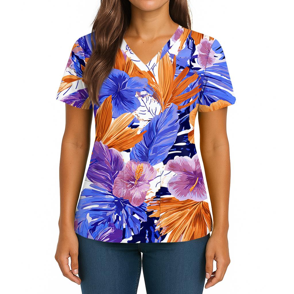 Women's Hawaiian Print V-Neck Double Pocket Short Sleeve Uniform/ Top