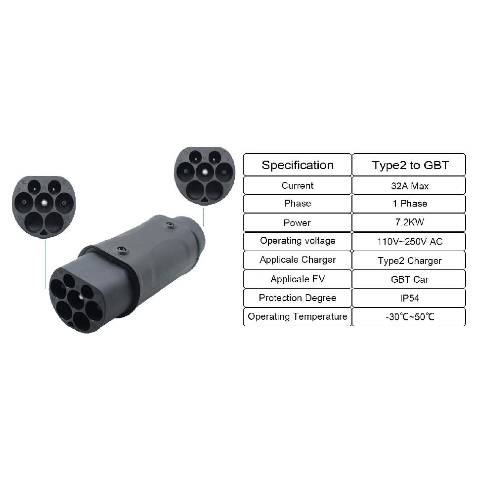 EV Adapter Type 1 to Type 2 EV Charger AC DC Convertor Type 2 to Type 1 Adapter For Type 2 to GBT EV Charging Accessories