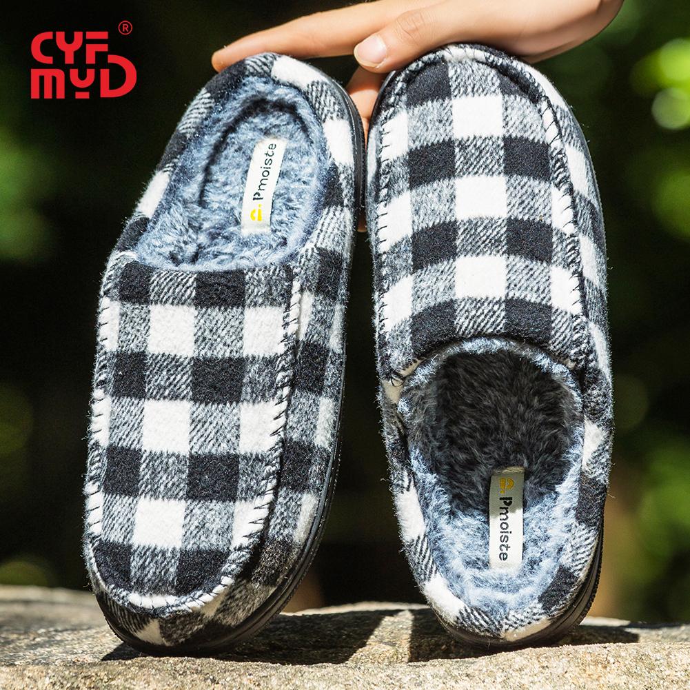 

Мужские клетчатые флисовые теплые тапочки - Подушки с эффектом памяти и Нескользящая подошва из ТПР для теплых, мягких комнатных/уличных зимних туфель 50-51 чёрный/белый