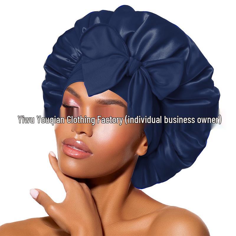 Elastische Schlaf- und Duschhaube aus Satin mit breiter Krempe für Damen – einfarbig, Größe L
