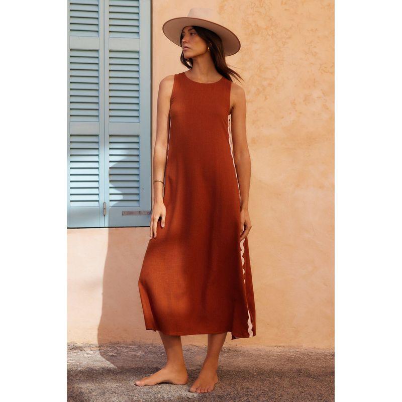

round Neck Sleeveless Loose Dress Solid Color round Neck Sleeveless Loose Dress Female Brown XL